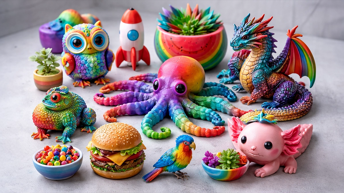 A colorful 3D printed object demonstrating multi-color printing techniques.