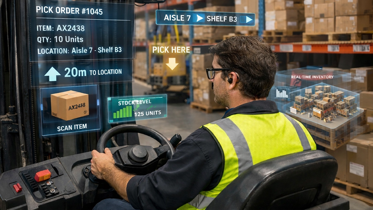 Warehouse employees using AR glasses and VR headsets for efficient management.