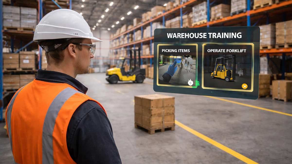 Virtual reality training simulator for warehouse employees.