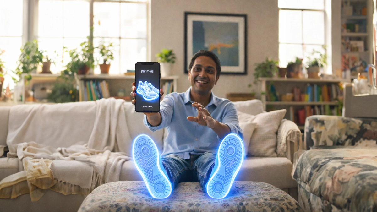 Happy person using a tablet to view Augmented Reality sneakers virtually on their feet
