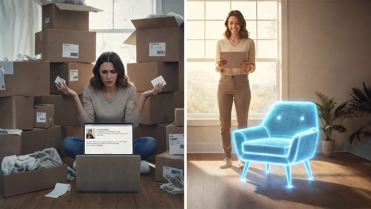 Split image showing a frustrated customer with returns versus a happy customer using Augmented Reality to make a confident purchase
