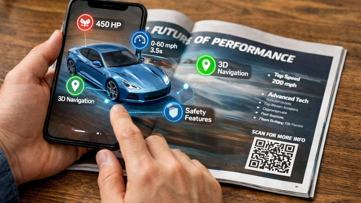 Interacting with augmented reality content using a smartphone and a magazine.